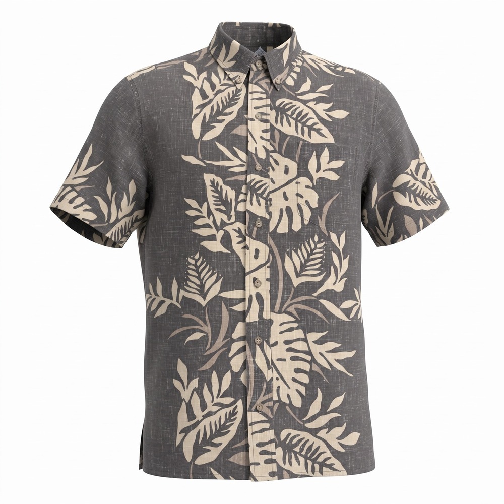 Reyn Spooner Mens Large Gray Tan Tropical Leaf Hawaiian Button Down Shirt Hawaii